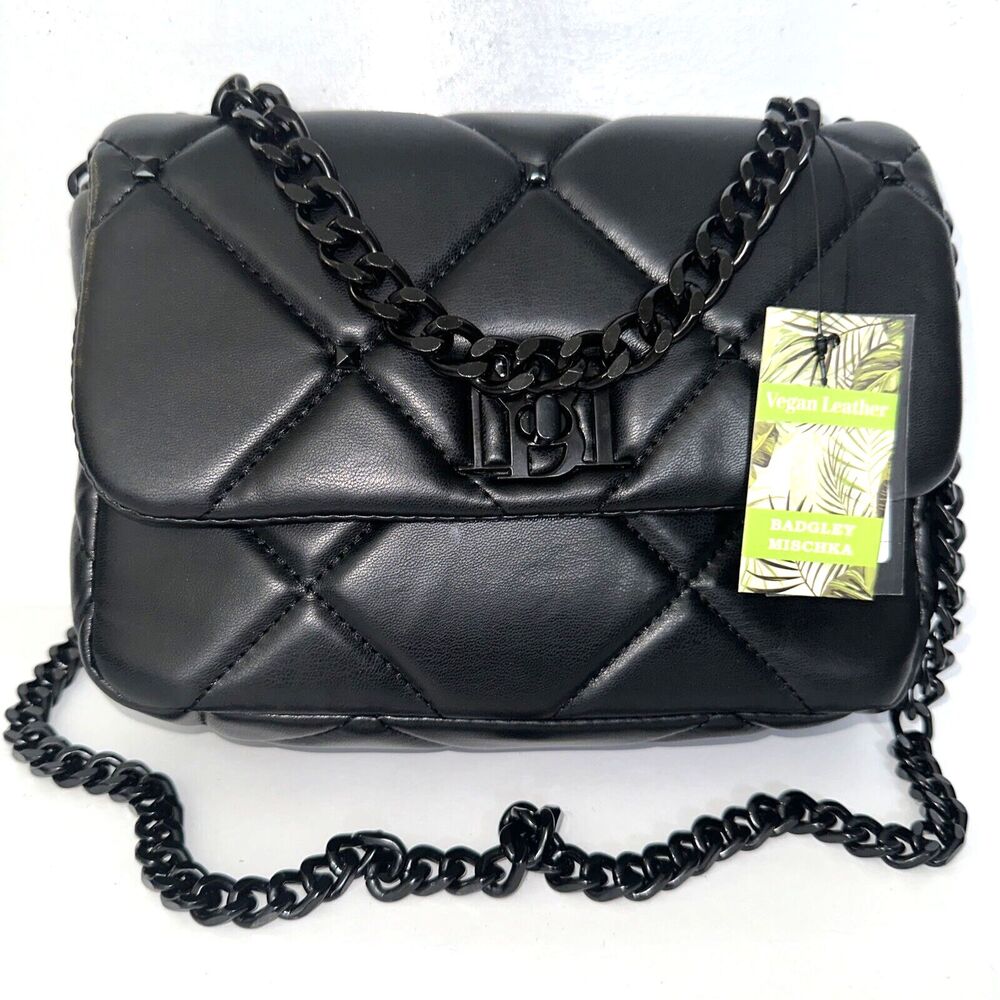 Badgley Mischka Purse Shoulder Hand Bag Black Vegan Leather Quilted Chain Logo